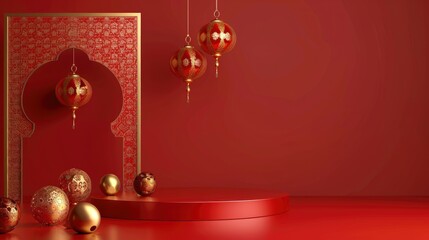 3D Islamic decoration, Iftar, Eid, lanterns, cannonballs, text space and podium with red gold style - generative ai