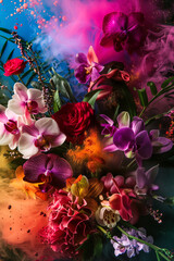 Floral arrangement with colorful smoke and pigments