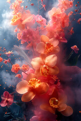 Floral arrangement with colorful smoke and pigments - 754594324