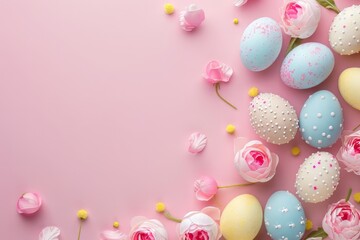 Fototapeta na wymiar Top view photo of white pink blue and yellow eggs on isolated background.Easter party concept