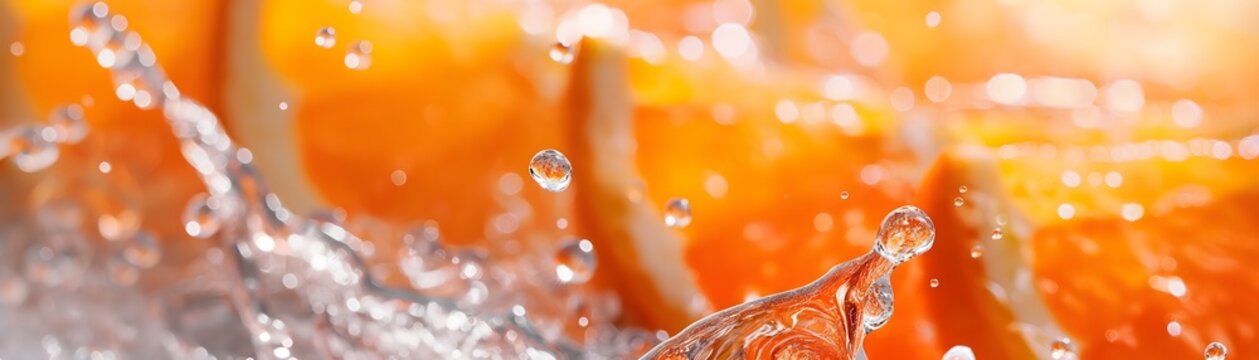 Werbeaufnahme Orange, Orangenscheiben mit spritzendem Wasser, Konzept Werbung von gesundem Obst
