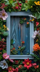 Fototapeta premium Blank picture frame surrounded by colorful flowers on wood. Generative AI image