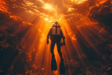 Taucher im Meer, Sonnenlicht bricht an der Wasseroberfläche, Konzept traumhafte Unterwasserwelt - obrazy, fototapety, plakaty