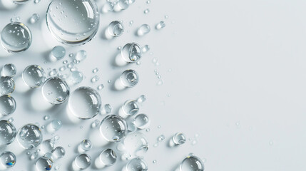 Hyaluronic acid drops on white background. Moisturizing and hydrating backdrop.