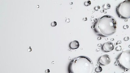 Hyaluronic acid drops on white background. Moisturizing and hydrating backdrop.