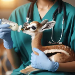 Raamstickers Doctor feeds the roe deer with a bottle © fitpinkcat84