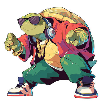 Cute Tortoise in Hip Hop Style. Vector Illustration PNG Image