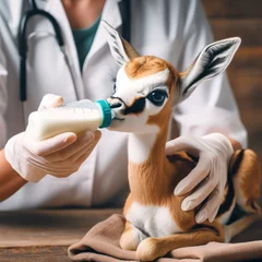 Foto op Aluminium Doctor feeds the roe deer with a bottle © fitpinkcat84