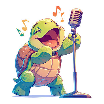Cute Tortoise Singing Using a Mic. Vector Illustration PNG Image