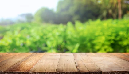 Foto auf Glas Wooden table top on blur plant vegetable or fruit organic farm background. For place food, drink or health care business. Fresh landscape and relax season concept. View of copy space. © Uuganbayar