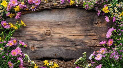 A background of a wooden log with spring flowers on the sides, serving as a frame. Top view. AI generative.