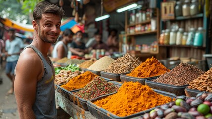 A man browsing spices at a market stall full of natural food ingredients - obrazy, fototapety, plakaty