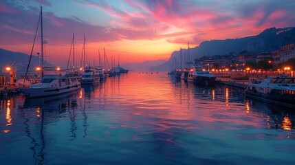 Boats docked in harbor as sun sets, painting sky with afterglow over watercraft - obrazy, fototapety, plakaty