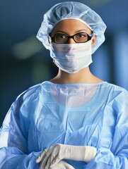 A woman in a blue surgical gown and gloves stands in front of a blue background