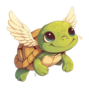 Cute Tortoise Using Wings. Vector Illustration PNG Image