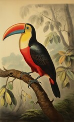 Toucan on a branch beautiful colours, orange yellow red black. trees and branches, misty day. in the forest. 