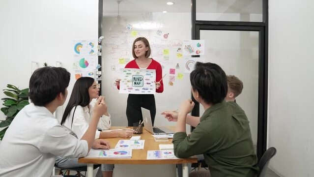 Professional young leader present business idea by using mind map at business meeting surrounded by professional cooperate colleague discussing and brain storming about her strategy. Immaculate.