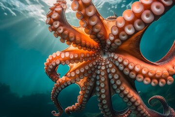 Octopus im Meer, Sonnenlicht bricht an der Wasseroberfläche, Konzept Kraken im Wasser