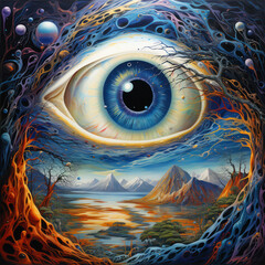 An intricate eye painting merges natural and cosmic elements into one