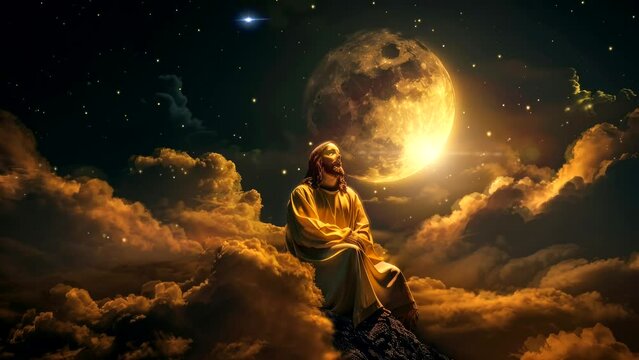 Nighttime Ascension: Lord Jesus' Divine Sojourn on a Seraphic Cloud. Seamless looping time-lapse virtual 4k video animation background