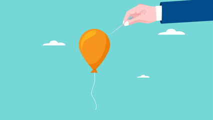 Businessman hand pushing needle to pop the balloon, solve problems or obstacles in achieving business success or financial freedom, problem solving concept vector illustration