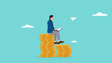 businessman working using a laptop on a pile of golden coins, earn money from online business or work concept vector illustration - obrazy, fototapety, plakaty