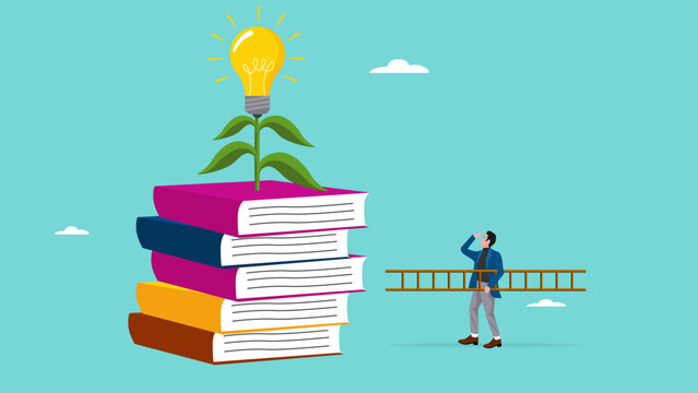 efforts to achieve higher education, cost to graduate high degree education, businessman with ladder preparing to climb book and education light bulb plant concept vector illustration