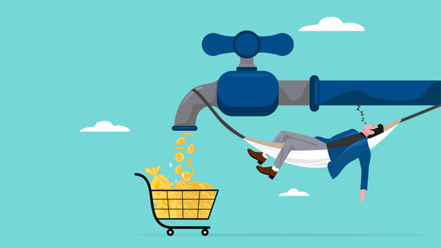 passive income from stock investment dividends, sleeping businessman hanging from a water tap that dispenses golden coins collected in a shopping cart, income from auto pilot business or investment