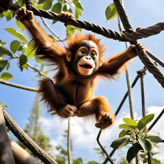 A baby orangutan swinging from branch to branch in the trees, emulating the playfulness of children on a playground. Generative AI.