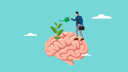 growing brain, growth mindset brain from education or training and experience, knowledge investment concept, happy businessman watering plants growing on human brain using watering can illustration © Vanz Studio