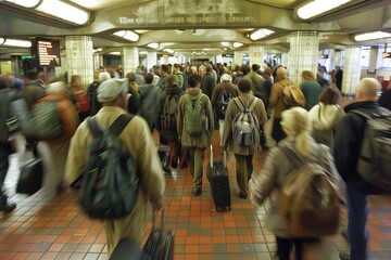 Rush hour crowd funnels through a subway station, blurring into a river of motion.