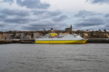A ferry parked on the quay in the port of Dieppe in Normandy, France
