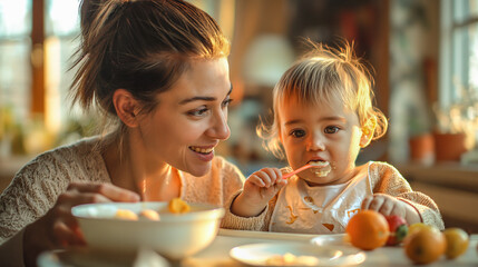 A young mom is feeding her baby while the small child grabs a plastic spoon—a heartwarming scene of mother attending to her baby - obrazy, fototapety, plakaty