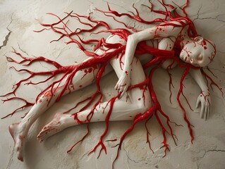 woman on the ground with external artery and veins, ai generated.