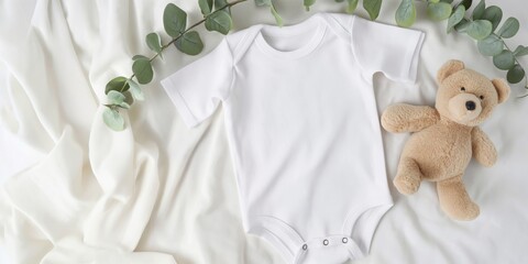 Cozy composition with a white baby bodysuit, teddy bear, and eucalyptus branch on a cream fabric background.