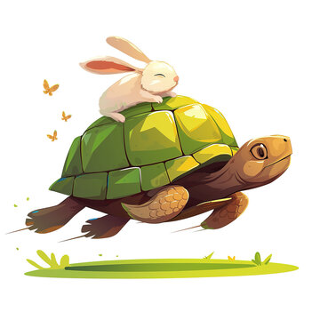 Cute Tortoise Playing with Rabbit with PNG Image Vector Illustration
