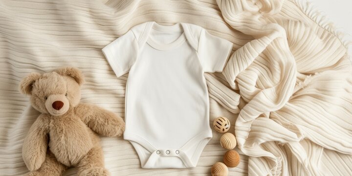 Simple and elegant baby short-sleeve bodysuit beside a fluffy teddy bear and greenery on a neutral background.