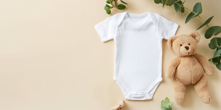 Simple and elegant baby short-sleeve bodysuit beside a fluffy teddy bear and greenery on a neutral background.