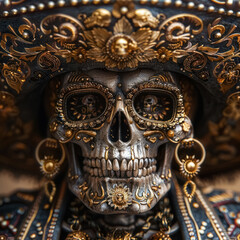 Fototapeta premium ornate golden skull art piece, cinco de mayo elegant decoration, the day of dead celebration