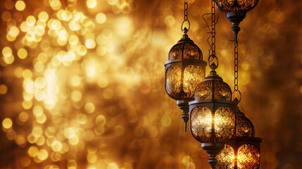 Ornamental Arabic lanterns on golden Ramadan Kareem background with festive night bokeh light, defocused backdrop, wallpaper with copy space, greeting image for email congratulation, sale banner