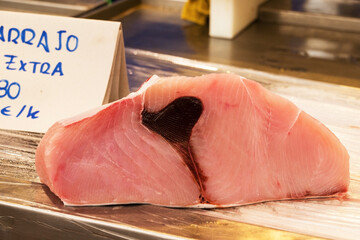 fish market with many different fresh fishes
