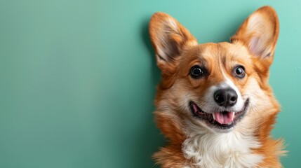 Portrait of a happy corgi dog looking at the camera on a green background with copy space, in a closeup