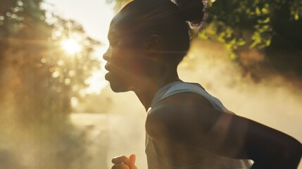 An African American woman in athletic wear, running outdoors with the sun shining down on her and mist rising from behind her