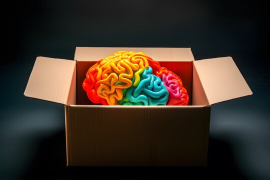 Rainbow colored layout of the human's brain in a cardboard box