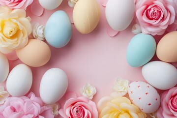 Fototapeta na wymiar Top view photo of white pink blue and yellow eggs on isolated background.Easter party concept