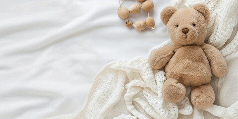 Soft beige teddy bear alongside a wooden rattle toy, laid out on a white blanket with gauzy fabric, symbolizing innocent and classic childhood comfort. - obrazy, fototapety, plakaty