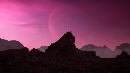 Scenic view of a rocky, rugged mountain peak. Twilight, dramatic sky with stars and a planet. Sunrise, sunset. 3d Rendering.