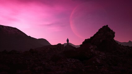 Adventurous Man Hiker on a rocky, rugged peak. Twilight, dramatic sky with stars and a planet. Sunrise, sunset. 3d Rendering.