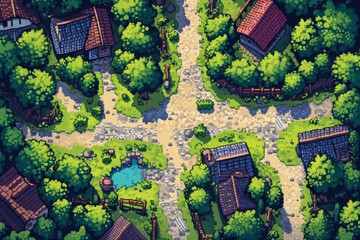 Pixelated village for game map. pixel map in the game. pixelated village maps in the game. Pixel art concept of village. Abstract pixelate landscape background.