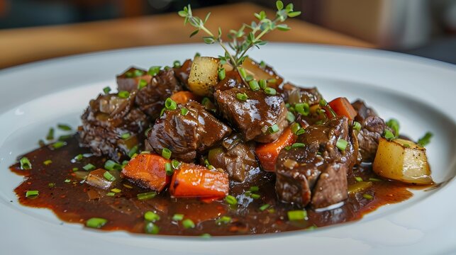 Beef bourguignon plate a traditional French beef stew in red wine sauce and vegetables